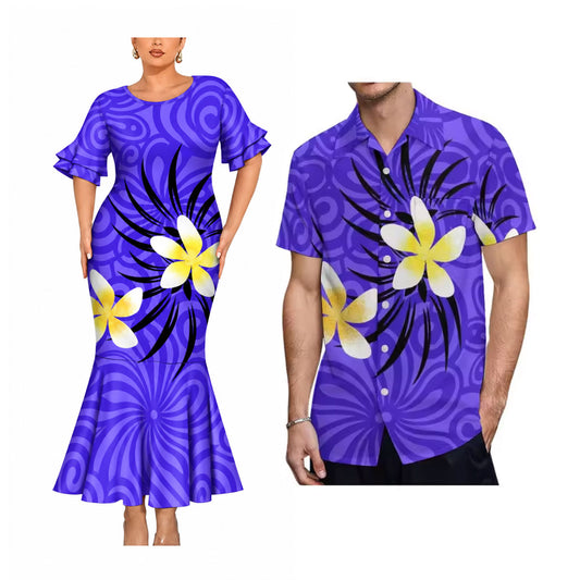 Polynesian Flowers Pattern Matching Outfit For Couple Purple Short Sleeve Mermaid Long Dress And Shirt For Him Her
