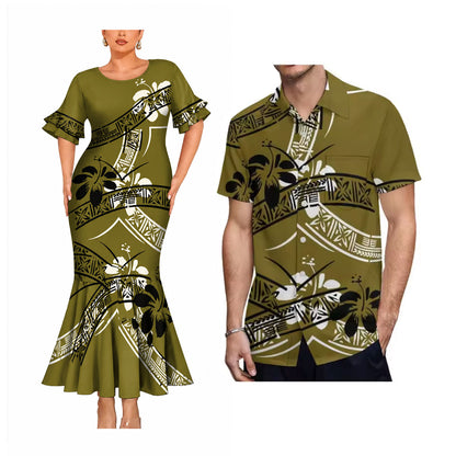 Polynesian Flowers Pattern Matching Outfit For Couple Short Sleeve Mermaid Long Dress And Shirt For Him Her