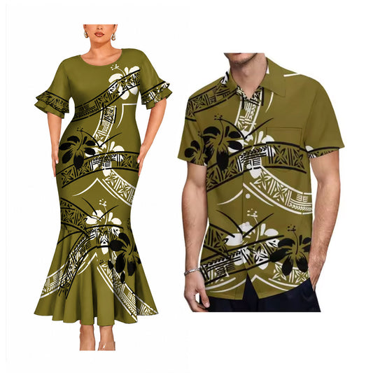 Polynesian Flowers Pattern Matching Outfit For Couple Short Sleeve Mermaid Long Dress And Shirt For Him Her