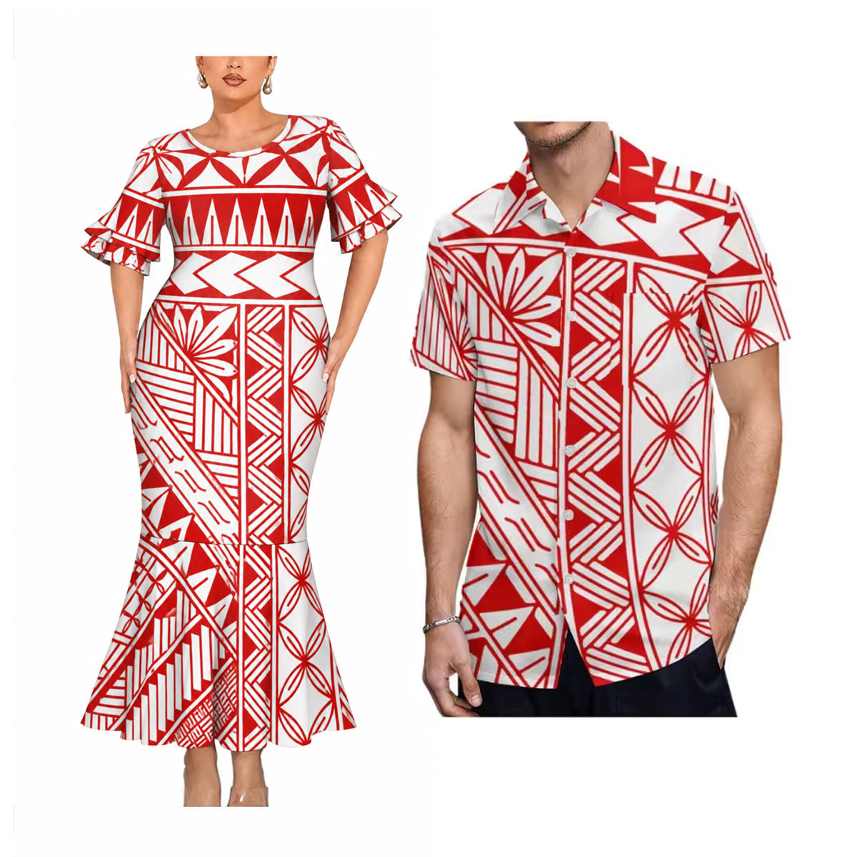 Red Polynesian Tribal Pattern Matching Outfit For Couple Short Sleeve Mermaid Long Dress And Shirt For Him Her
