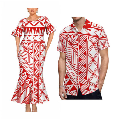 Red Polynesian Tribal Pattern Matching Outfit For Couple Short Sleeve Mermaid Long Dress And Shirt For Him Her