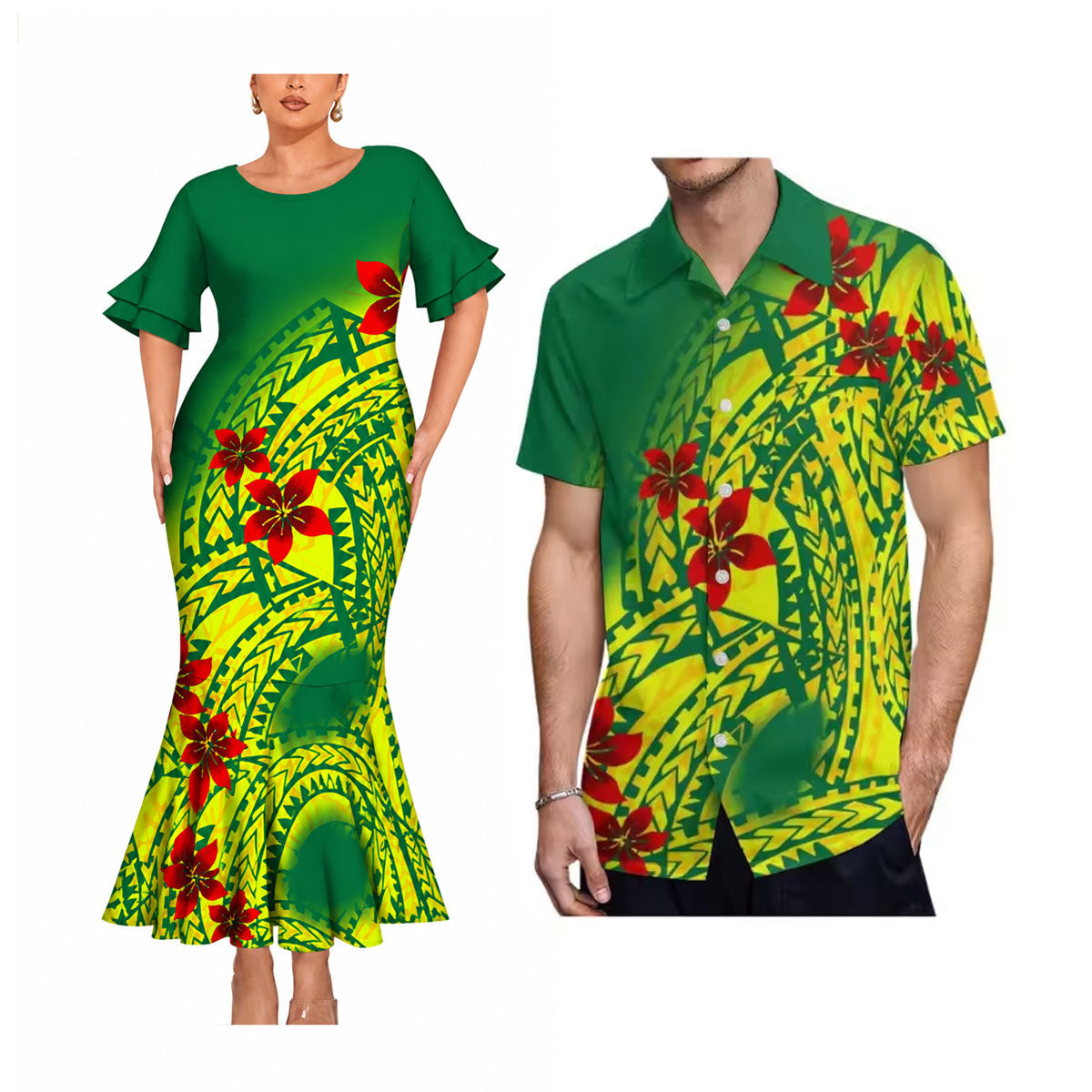 Polynesian Flowers Pattern Matching Outfit For Couple Green Short Sleeve Mermaid Long Dress And Shirt For Him Her