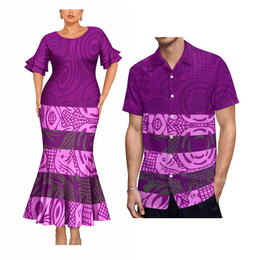 Polynesian Tribal Pattern Matching Outfit For Couple Purple Short Sleeve Mermaid Long Dress And Shirt For Him Her