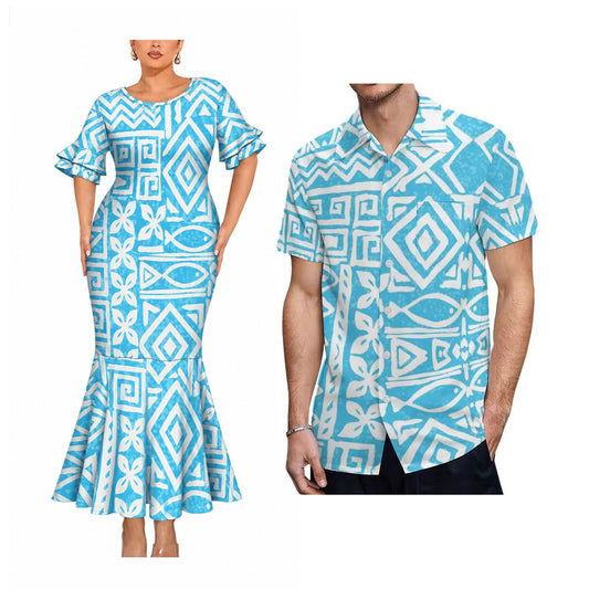 Polynesian Tribal Pattern Matching Outfit For Couple Blue Short Sleeve Mermaid Long Dress And Shirt For Him Her