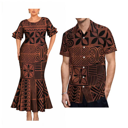 Polynesian Tribal Pattern Matching Outfit For Couple Island Short Sleeve Mermaid Long Dress And Shirt For Him Her