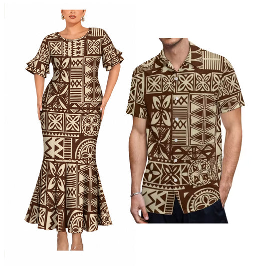 Polynesian Tribal Pattern Vintage Matching Outfit For Couple Short Sleeve Mermaid Long Dress And Shirt