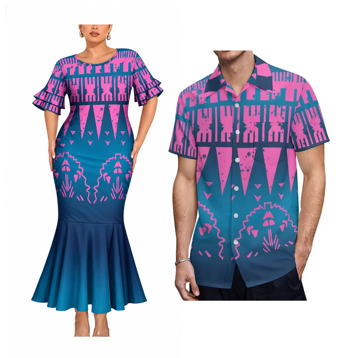 Polynesian Tribal Pattern Matching Outfit For Couple Island Short Sleeve Mermaid Long Dress And Shirt