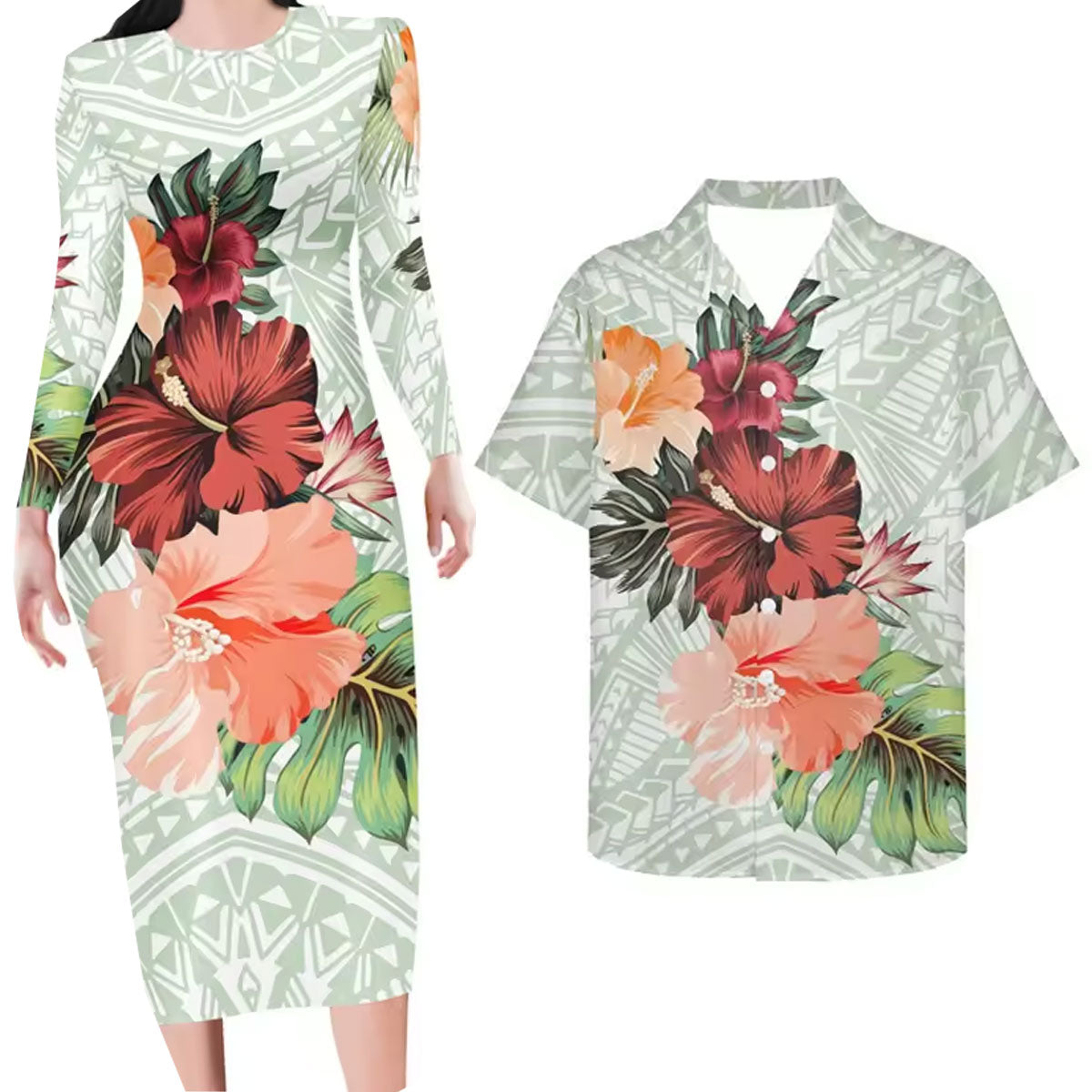 Flowers Polynesian Tribal Pattern Matching Outfit For Couples Island Bodycon Dress And Hawaii Shirt