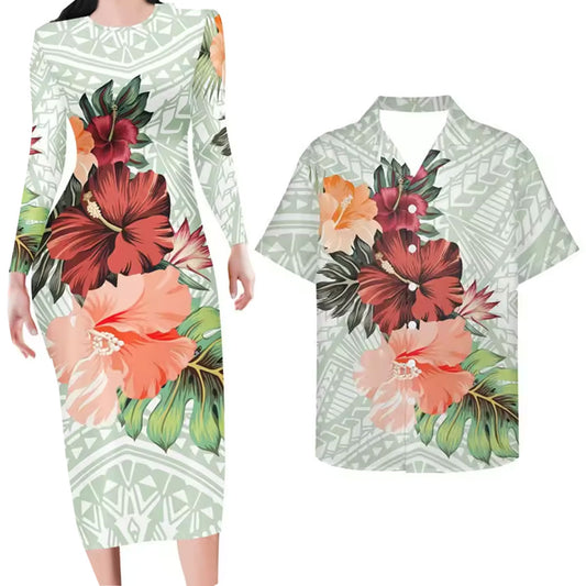 Flowers Polynesian Tribal Pattern Matching Outfit For Couples Island Bodycon Dress And Hawaii Shirt