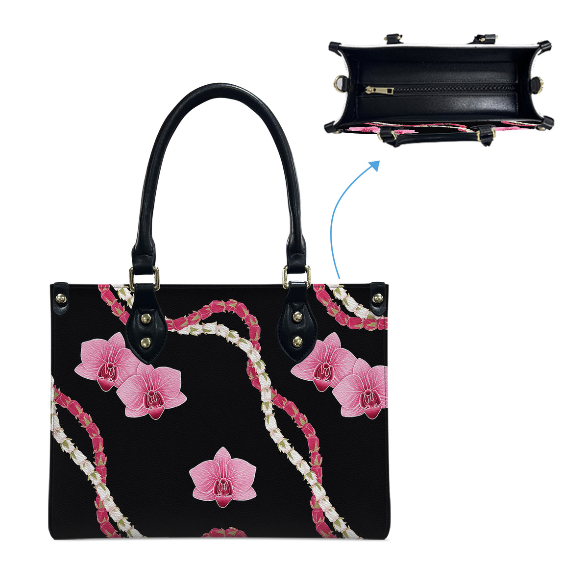Puakenikeni Hawaiian Flower Lei Black Leather Handbag