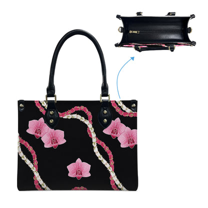 Puakenikeni Hawaiian Flower Lei Black Leather Handbag