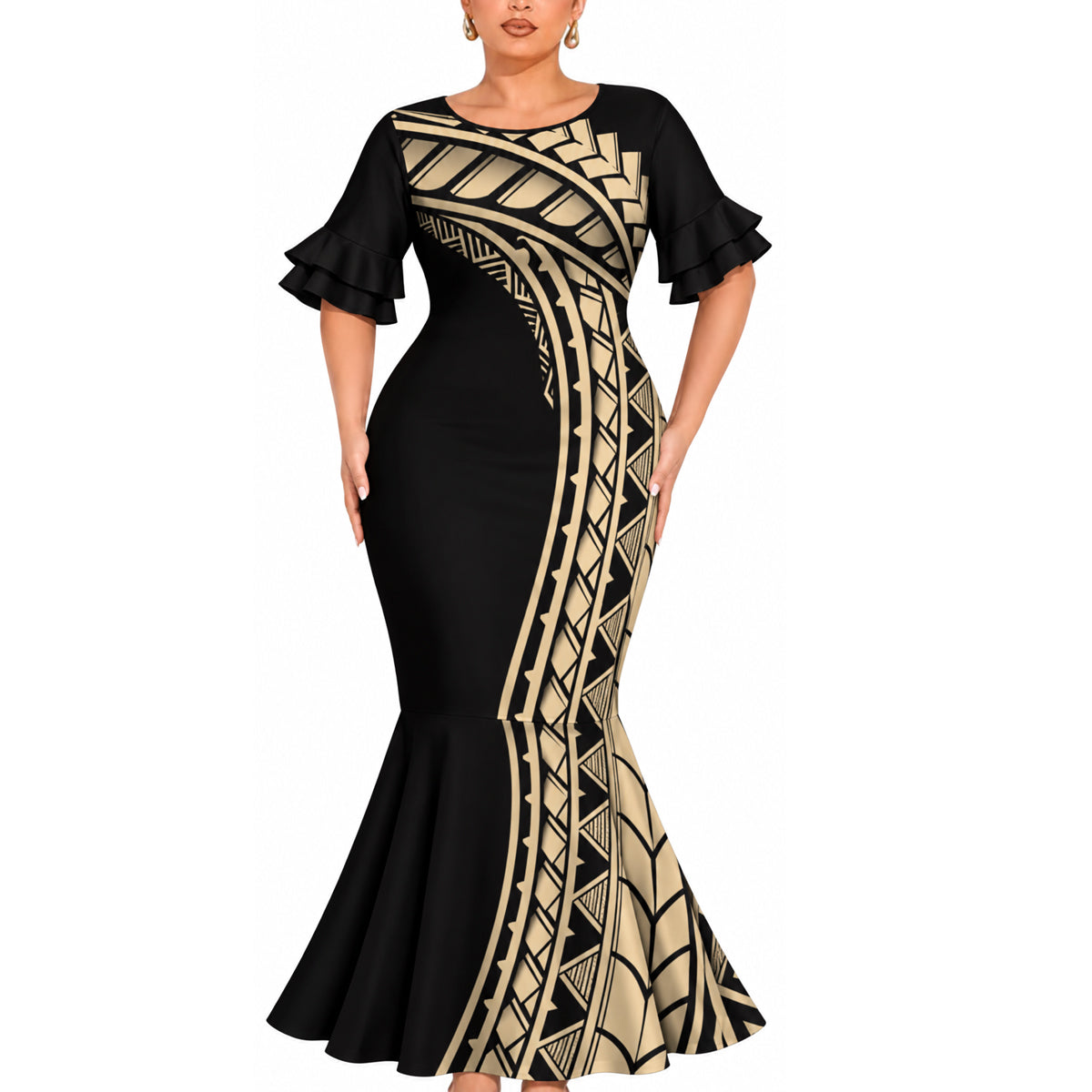 Polynesian Tribal Flowers Pattern Yellow Couple Matching Outfit Island Short Sleeve Mermaid Long Dress And Shirt