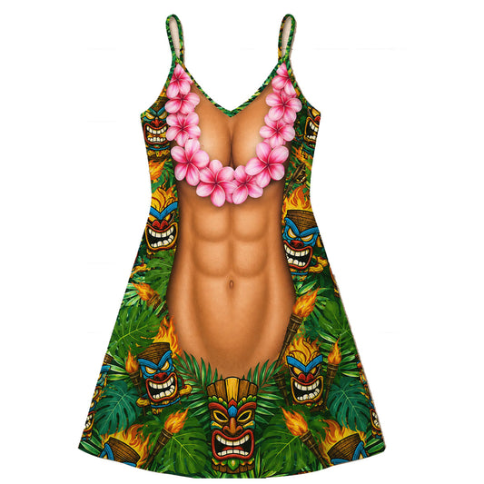Funny Couple Matching Outfit Polynesian Tribal Leaf Pattern Women Strap Short Swing Dress And Shirt