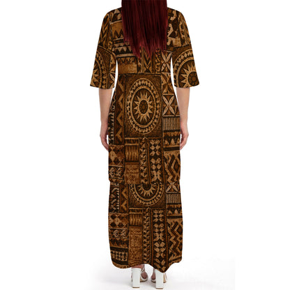 Polynesian Tribal Geometric Pattern Matching Outfit For Couple Vintage Puletasi Dress And Hawaiian Shirt For Her Him