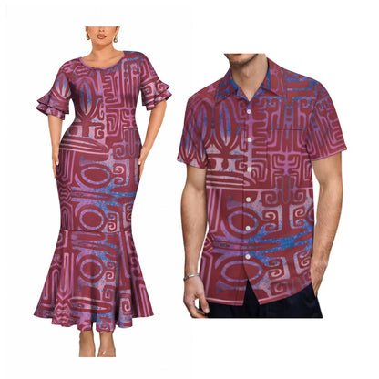 Polynesian Tribal Pattern Matching Outfit For Couple Short Sleeve Mermaid Long Dress And Shirt