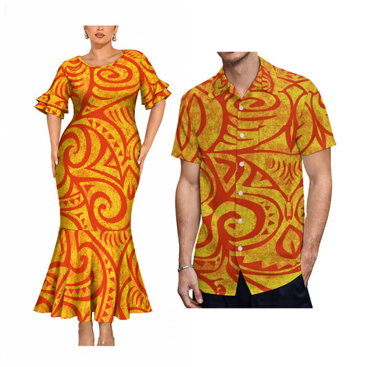 Polynesian Tribal Pattern Orange Matching Outfit For Couple Short Sleeve Mermaid Long Dress And Shirt