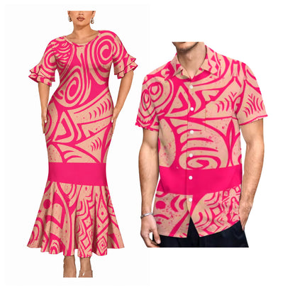 Polynesian Tribal Pattern Pink Matching Outfit For Couple Short Sleeve Mermaid Long Dress And Shirt