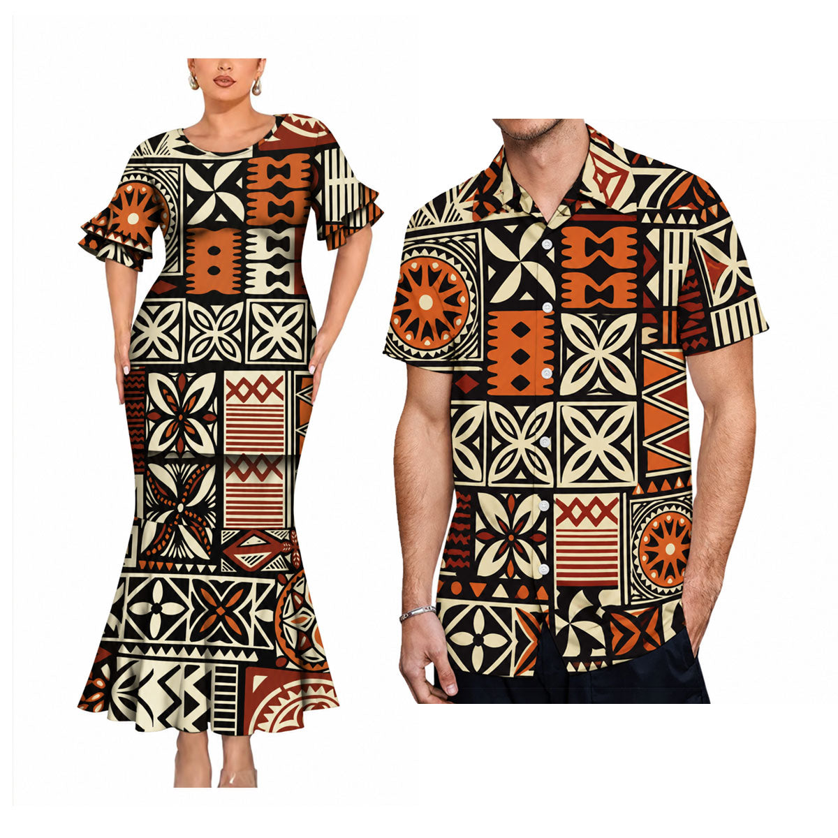 Vintage Polynesian Tribal Pattern Matching Outfit For Couple Short Sleeve Mermaid Long Dress And Shirt