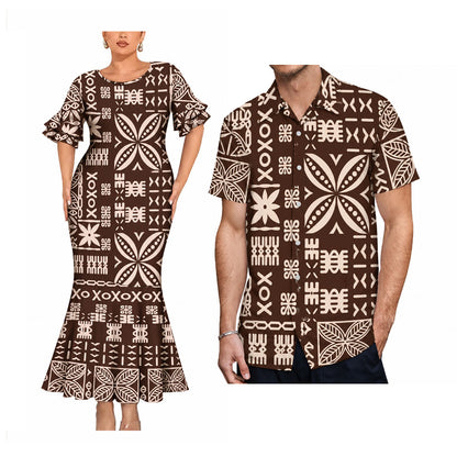 Vintage Polynesian Tribal Pattern Matching Outfit For Couple Polynesian Short Sleeve Mermaid Long Dress And Shirt