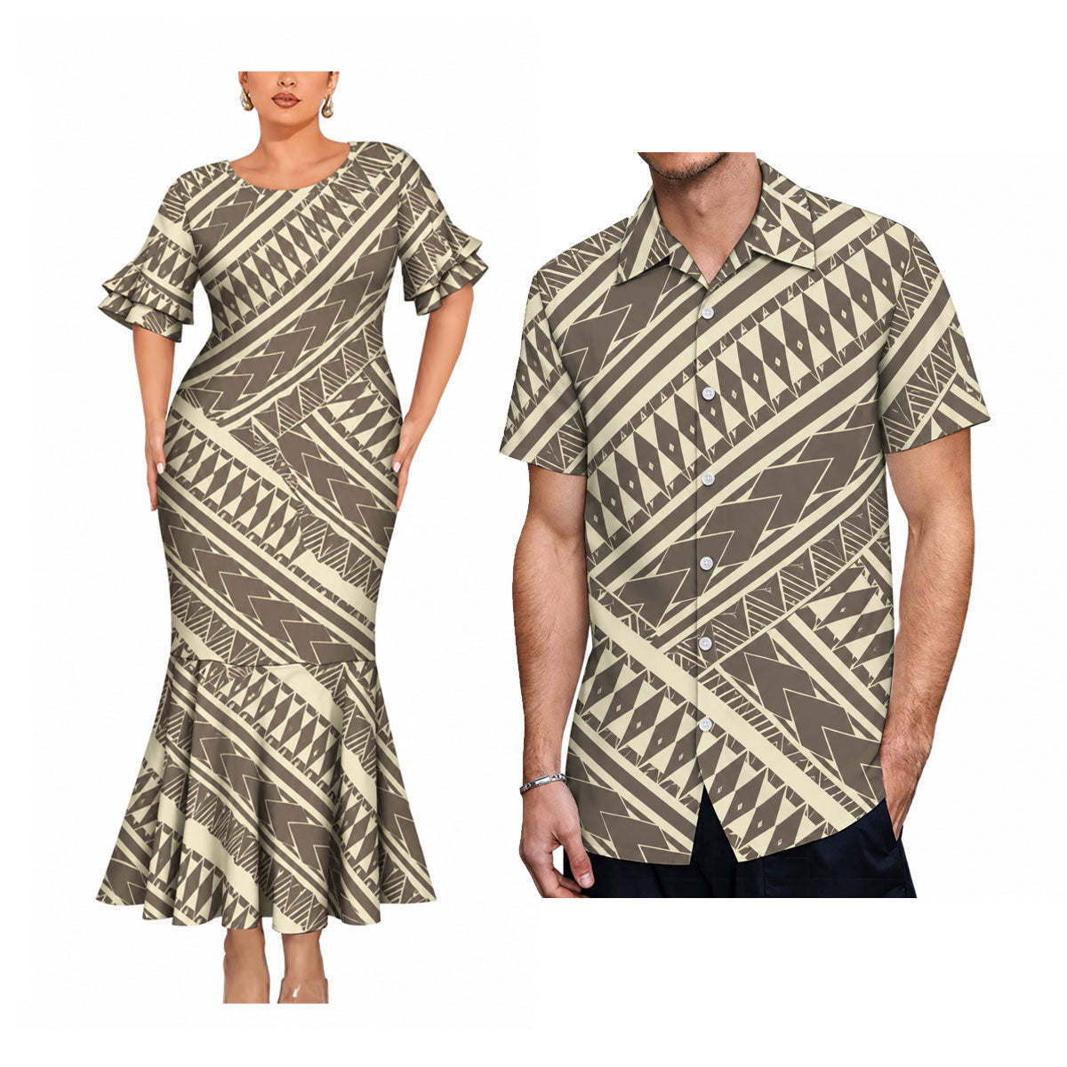 Polynesian Tribal Pattern Matching Outfit For Couple Short Sleeve Mermaid Long Dress And Shirt