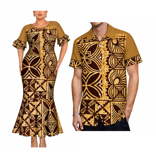 Vintage Polynesian Tribal Pattern Matching Outfit For Couple Polynesian Island Short Sleeve Mermaid Long Dress And Hawaiian Shirt