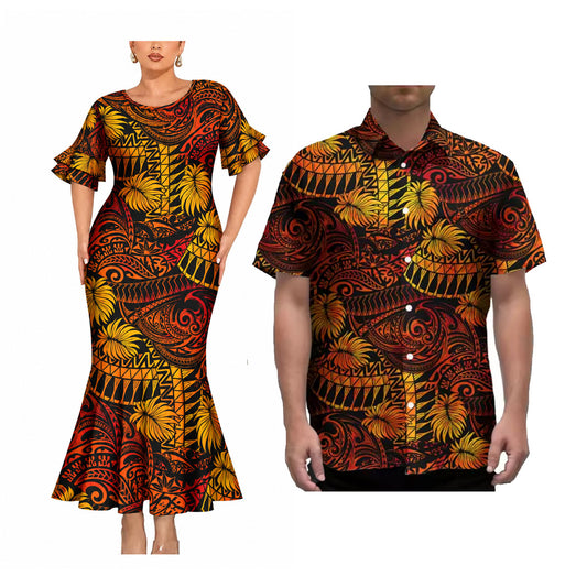Rettro Polynesian Tribal Tropical Pattern Matching Outfit For Couple Short Sleeve Mermaid Long Dress And Shirt