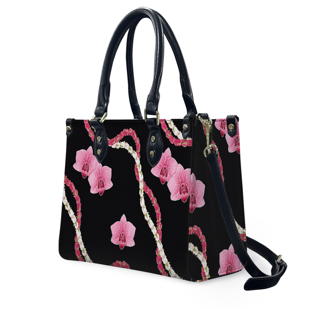 Puakenikeni Hawaiian Flower Lei Black Leather Handbag