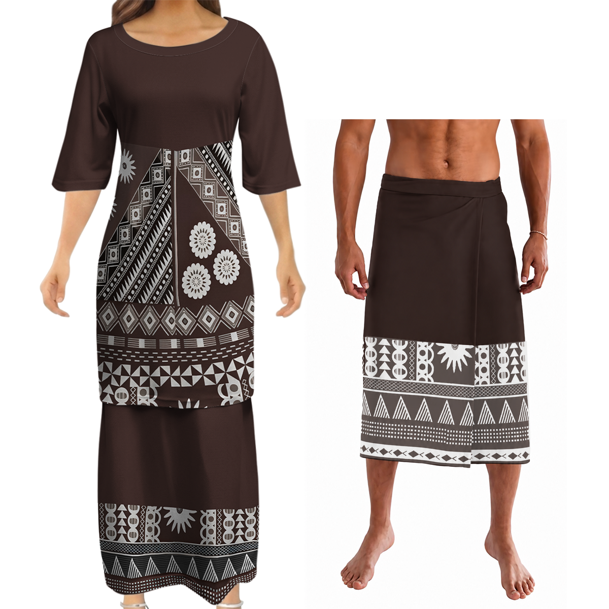 Polynesian Geometric Pattern Couple Outfit Matching Island Dress And Lavalava