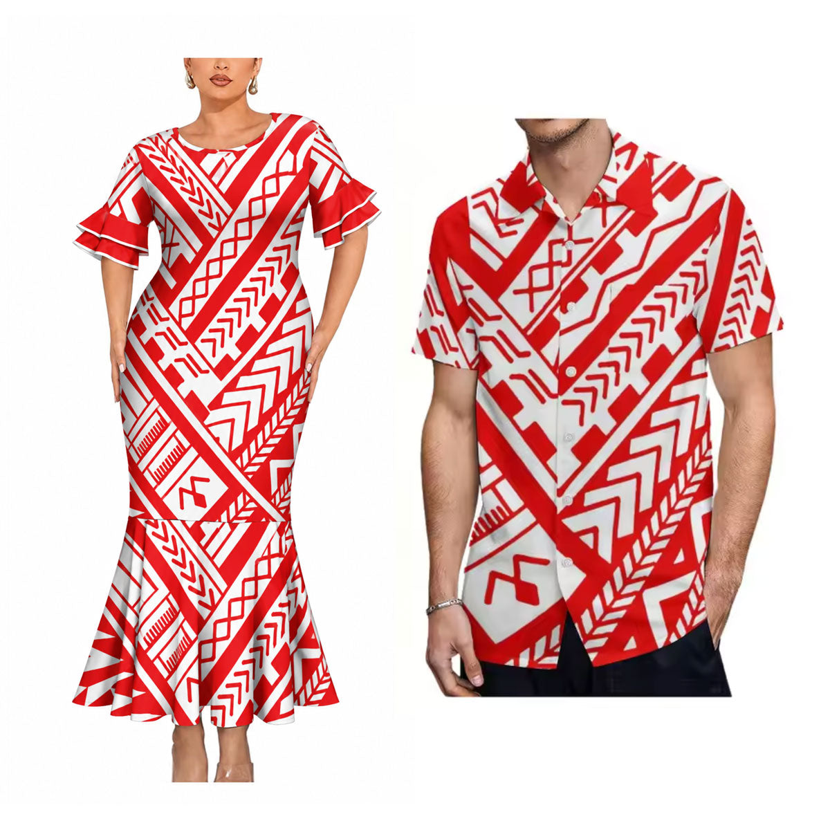Red Polynesian Tribal Pattern Matching Outfit For Couple Short Sleeve Mermaid Long Dress And Shirt