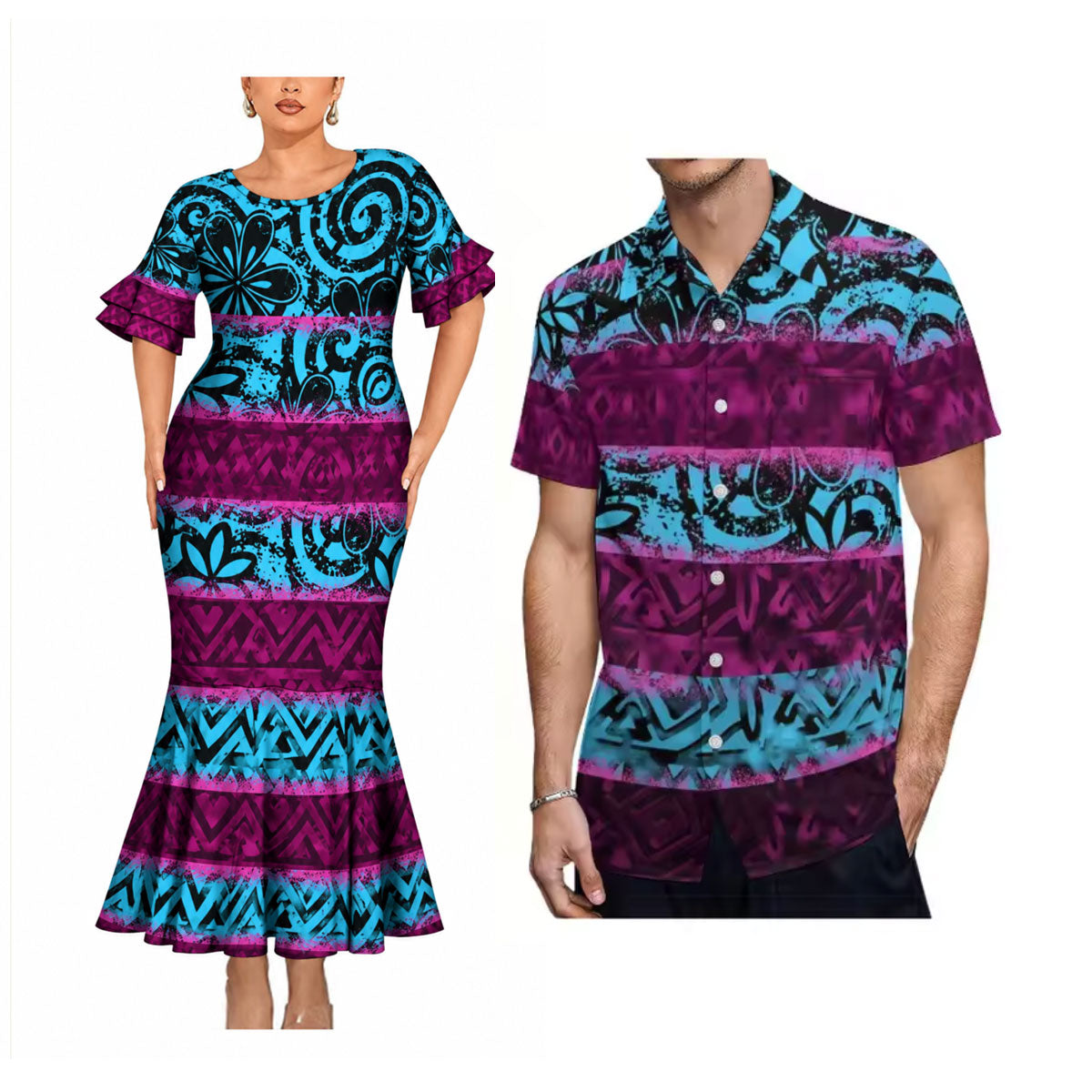 Polynesian Tribal Pattern Matching Outfit For Couple Short Sleeve Mermaid Long Dress And Shirt