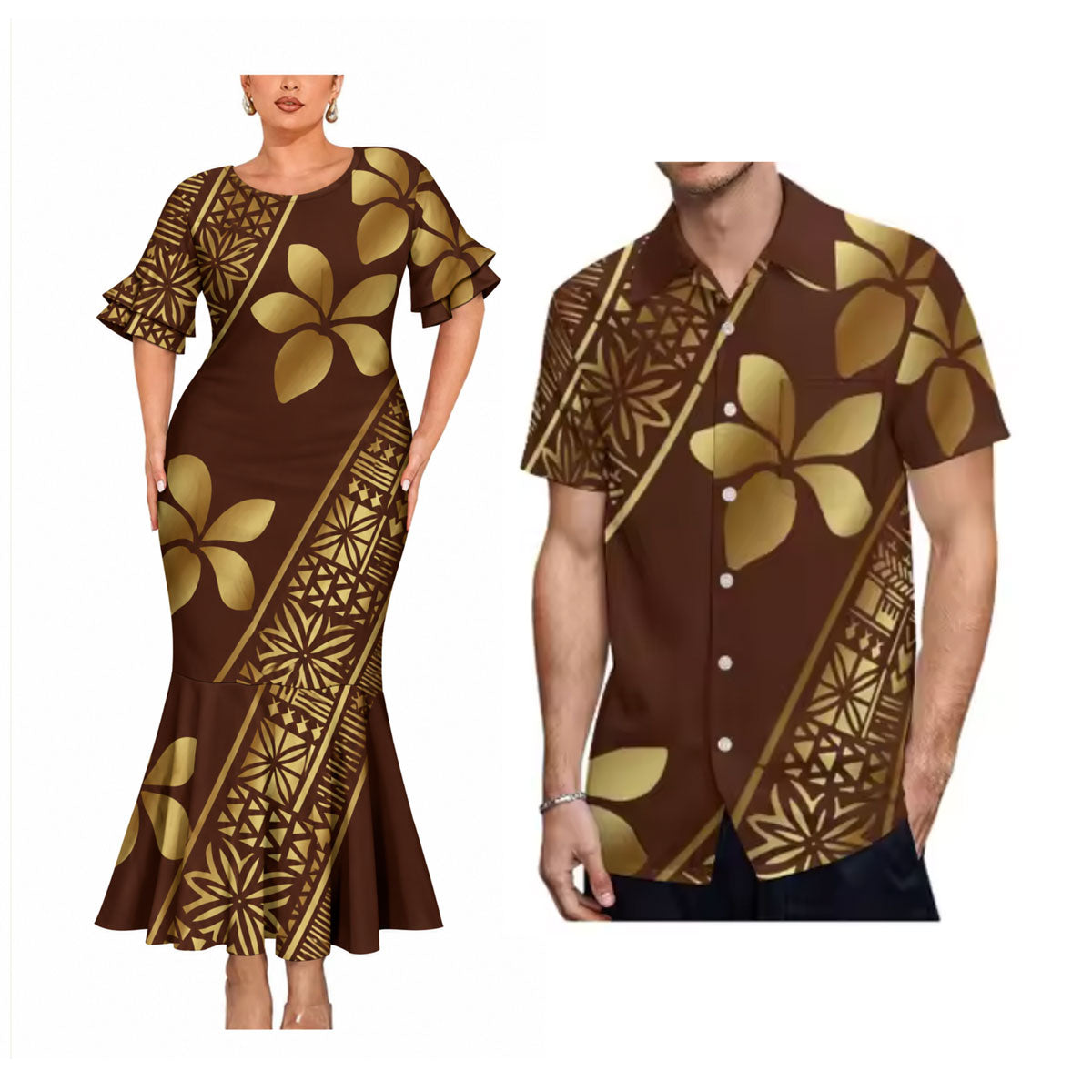 Polynesian Flowers Pattern Brown Matching Outfit For Couple Short Sleeve Mermaid Long Dress And Shirt