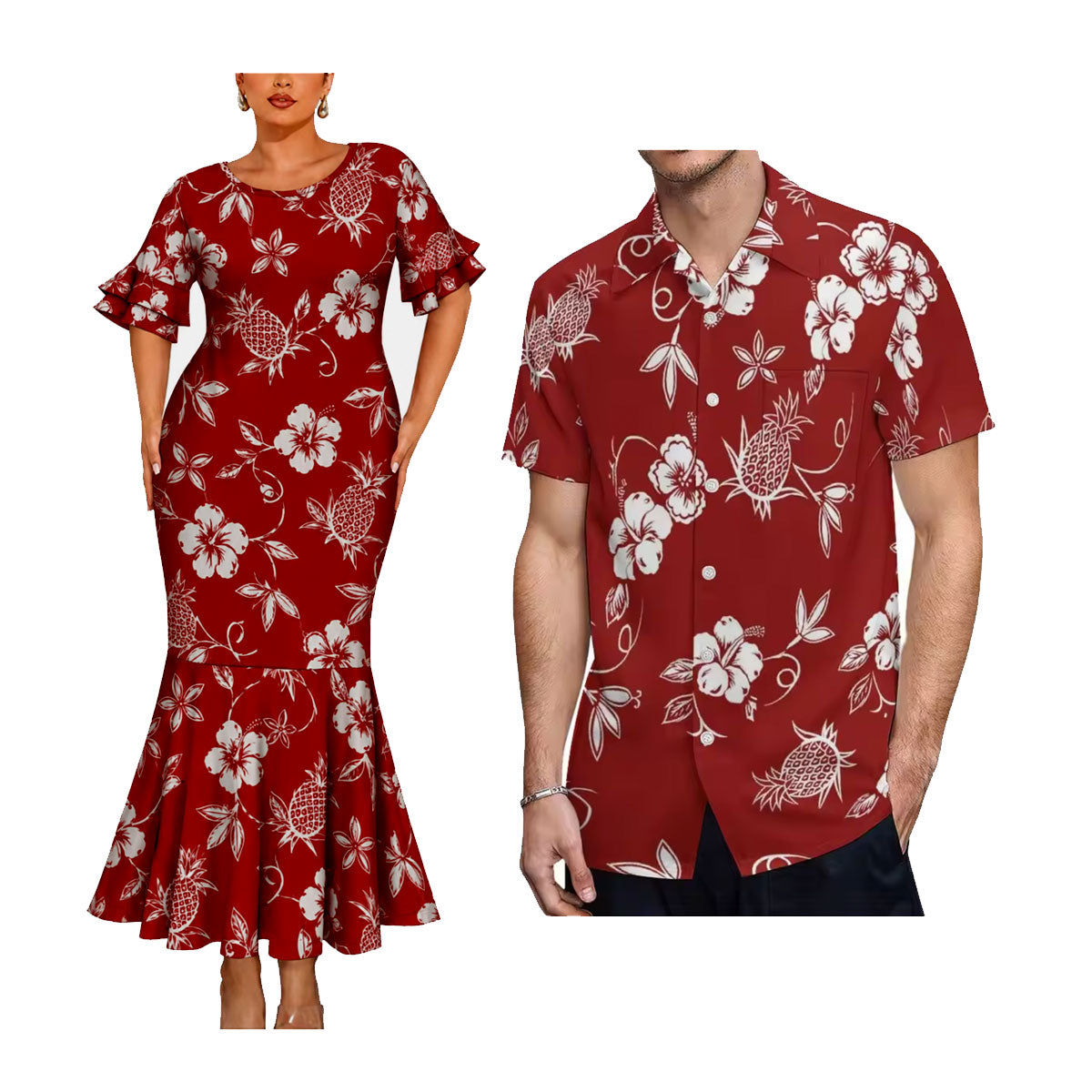 Red Polynesian Flowers Pattern Matching Outfit For Couple Short Sleeve Mermaid Long Dress And Shirt
