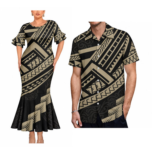 Polynesian Tribal Pattern Matching Outfit For Couple Short Sleeve Mermaid Long Dress And Shirt