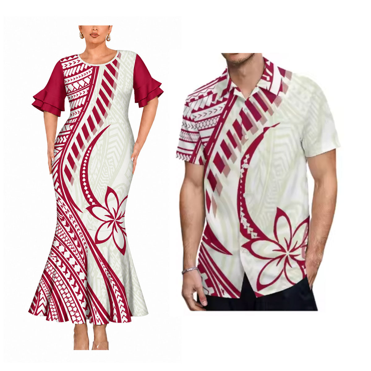 Polynesian Tribal Flowers Pattern Matching Outfit For Couple Short Sleeve Mermaid Long Dress And Shirt
