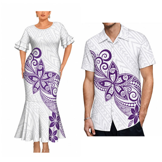 Polynesian Tribal Flowers Pattern White Matching Outfit For Couple Short Sleeve Mermaid Long Dress And Shirt