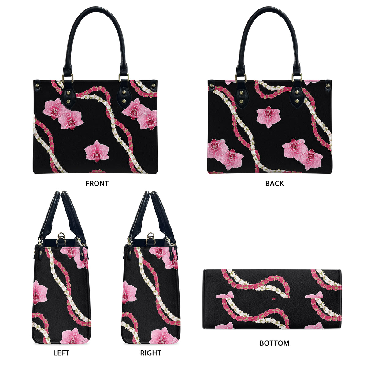 Puakenikeni Hawaiian Flower Lei Black Leather Handbag