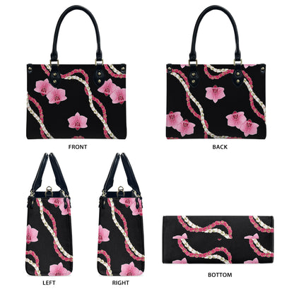 Puakenikeni Hawaiian Flower Lei Black Leather Handbag