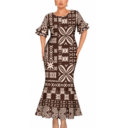 Vintage Polynesian Tribal Pattern Matching Outfit For Couple Polynesian Short Sleeve Mermaid Long Dress And Shirt