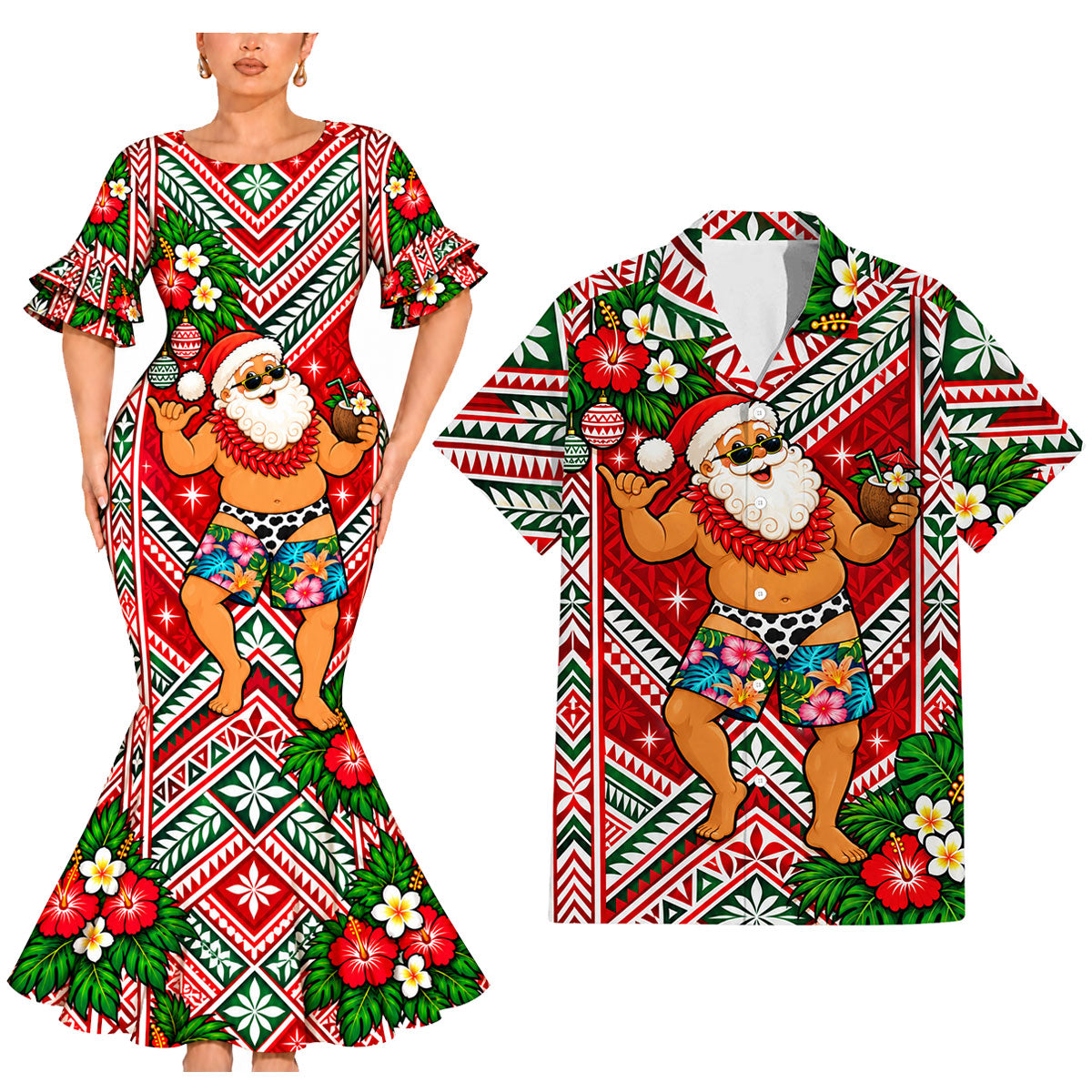 Funny Santa Couple Set Polynesian Tribal Christmas Pattern Couple Matching Outfit Island Short Sleeve Mermaid Long Dress And Shirt