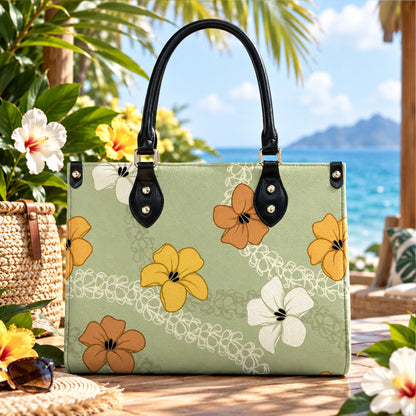 Green Puakenikeni Hawaiian Flower Lei Leather Handbag
