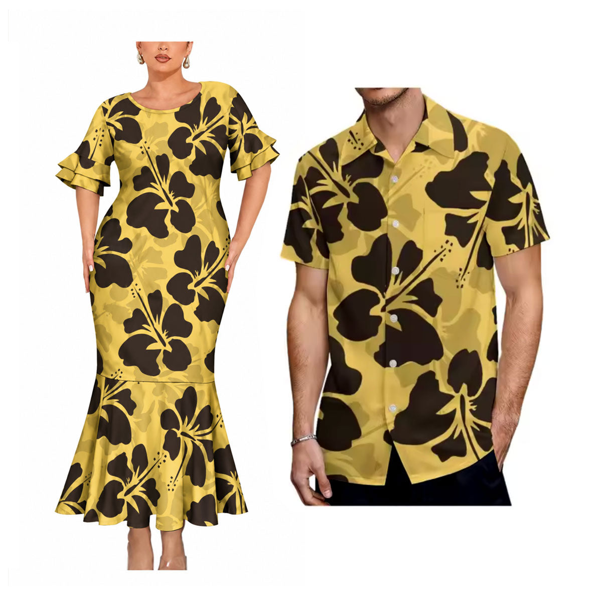 Vintage Polynesian Hibiscus Flowers Pattern Matching Outfit For Couple Short Sleeve Mermaid Long Dress And Shirt