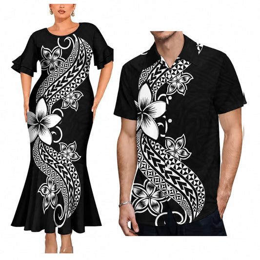 Polynesian Flowers Pattern Black Matching Outfit For Couple Polynesian Tribal Printed Short Sleeve Mermaid Long Dress And Hawaiian Shirt