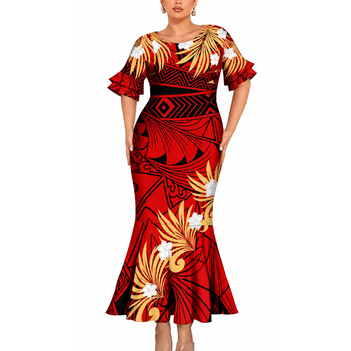 Polynesian Flowers Pattern Matching Outfit For Couple Red Short Sleeve Mermaid Long Dress And Shirt For Him Her
