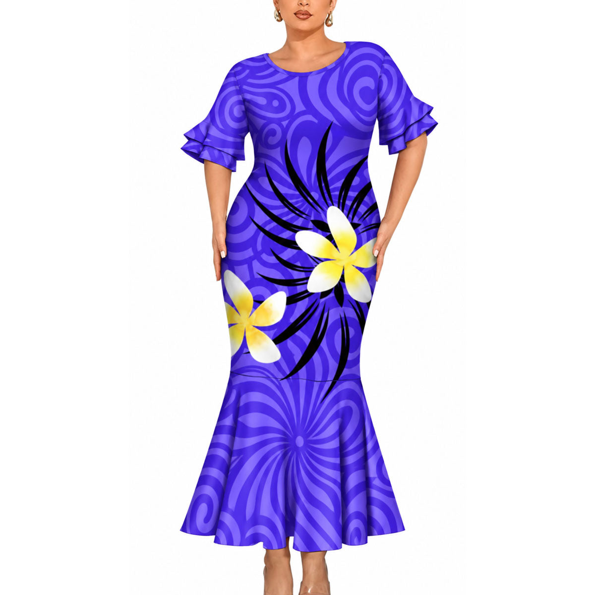 Polynesian Flowers Pattern Matching Outfit For Couple Purple Short Sleeve Mermaid Long Dress And Shirt For Him Her