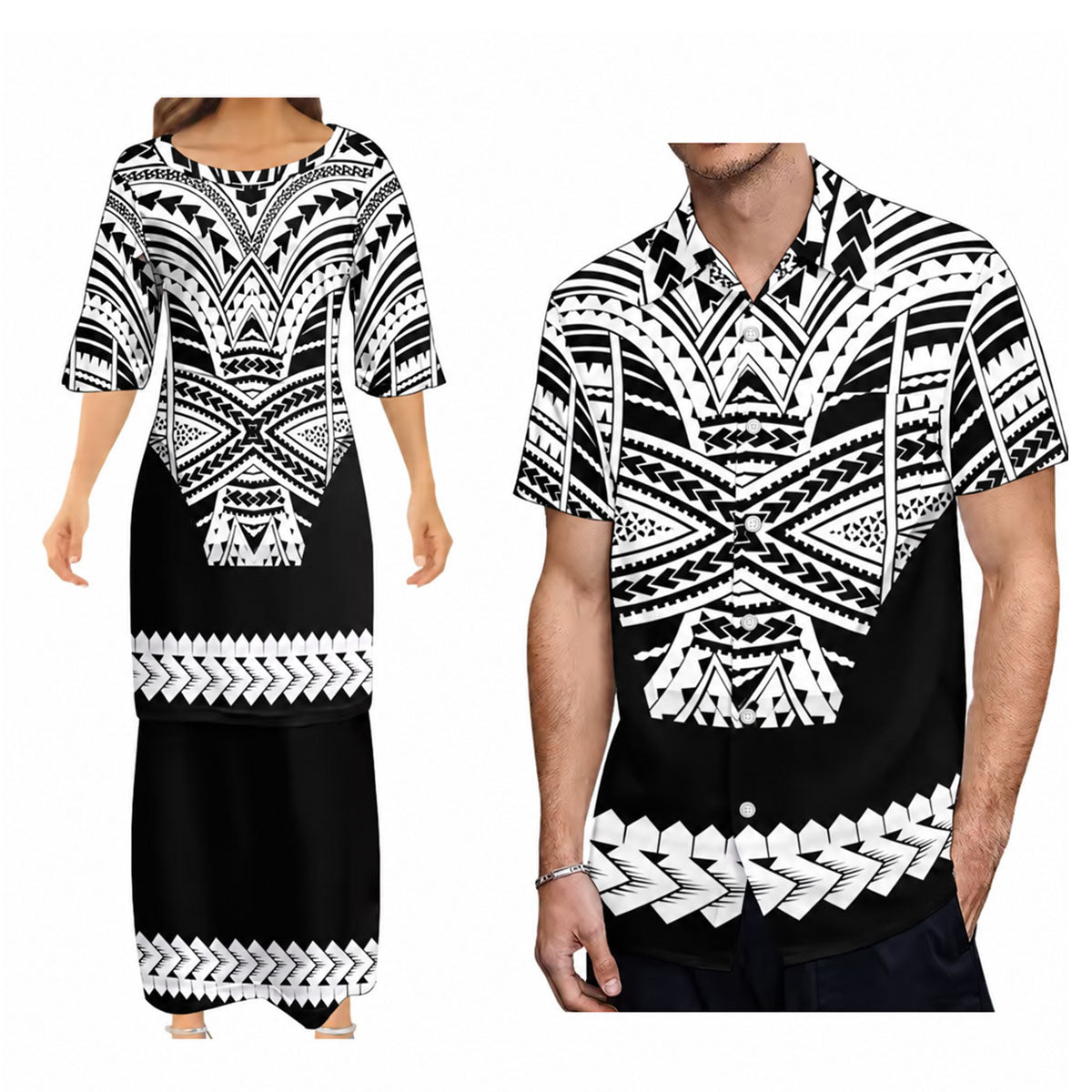 Polynesian Tribal Women's Dress Men's Shirt Couple Suit Matching Outfit For Couple