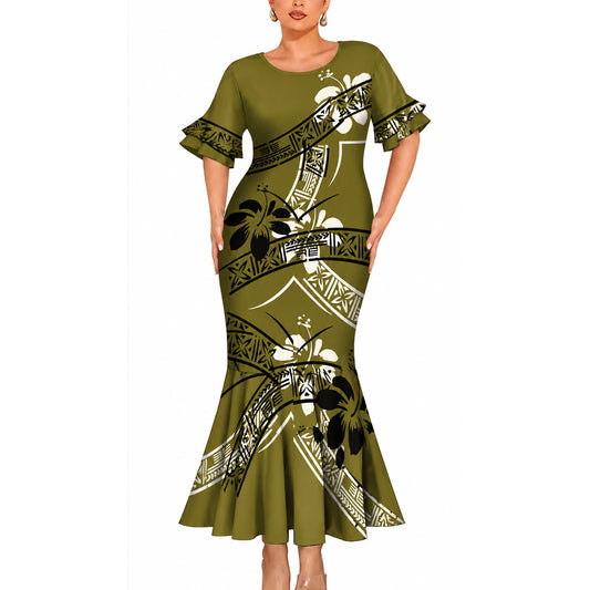 Polynesian Flowers Pattern Matching Outfit For Couple Short Sleeve Mermaid Long Dress And Shirt For Him Her