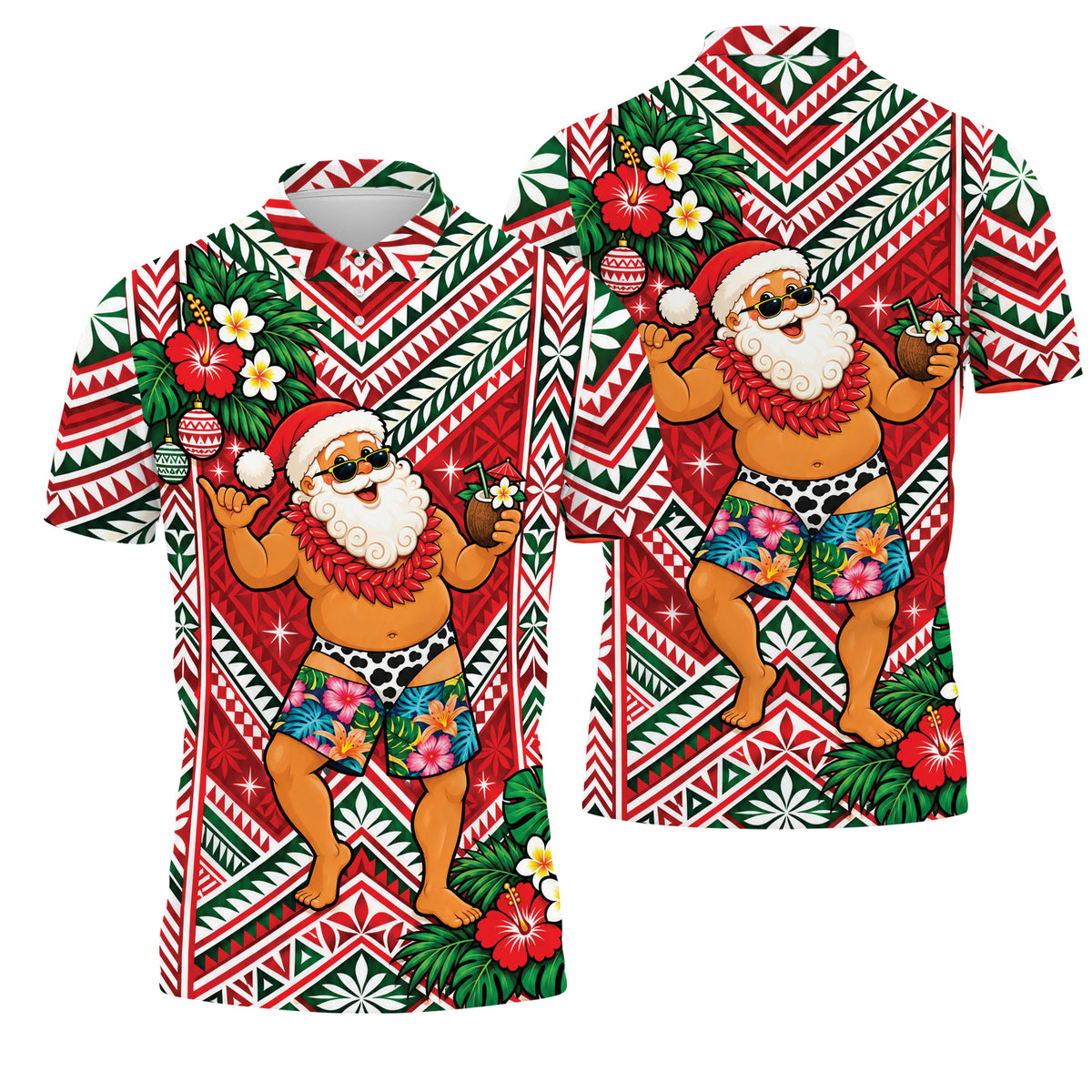 Funny Santa With Ula Fala Shirt Polynesian Tribal Christmas Polo Shirt