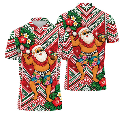Funny Santa With Ula Fala Shirt Polynesian Tribal Christmas Polo Shirt