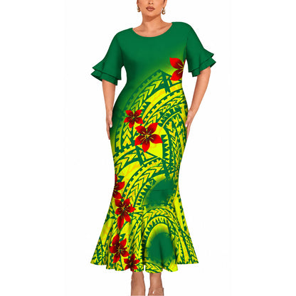 Polynesian Flowers Pattern Matching Outfit For Couple Green Short Sleeve Mermaid Long Dress And Shirt For Him Her