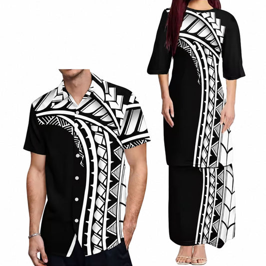 Polynesian Tribal Women's Dress Men's Shirt Couple Suit Samoan Necklace White Black Matching Outfit For Couple